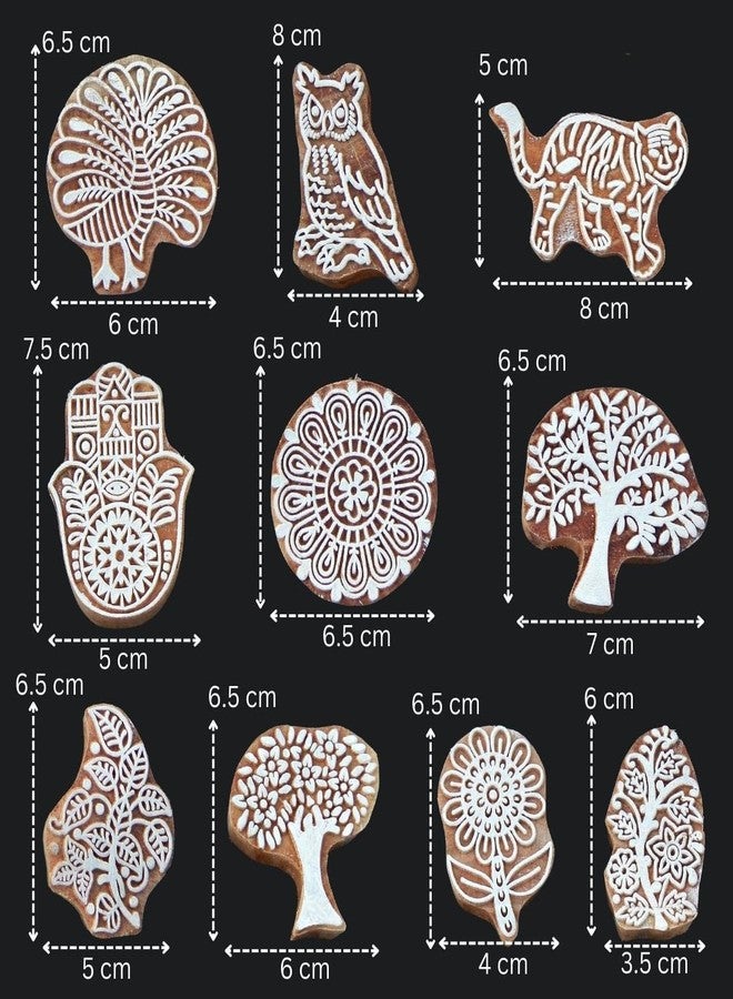 ecofynd Round Wood Block Stamps (Pack of 10), Wooden Blocks for Block Printing Stamp Set, Artistic Shapes Craft Kids Saree Border DIY Henna Fabric Textile Paper Clay Pottery Hand-Carved (BLOCK017) - Image 2